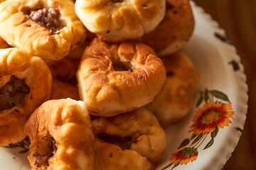 Homemade Meat pies. The traditional Kazakh, Tatar and Bashkir food - belyashi. 