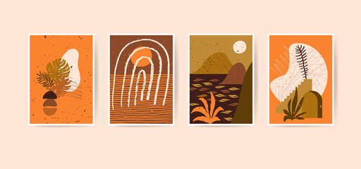 Mid century boho style home decor. Modern abstract landscapes. Contemporary artistic minimalist prints. Nursery home decoration, wall art in neutral orange and terracotta colors, earth tones. Vector
