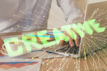Start up drawings with businessman working on computer on background. Teamwork concept. Double exposure.