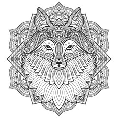 Fox head in detailed style. Zentangle fox. Vector pattern for tribal design. Geometric Ethnic motif with rhombus, triangles. Graphic style. Fox for print, web, textile, wrapping paper.
