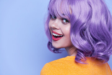 Fashionable woman purple hair fun blue background