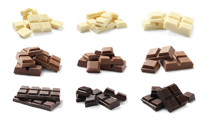 Set with different delicious chocolate pieces on white background