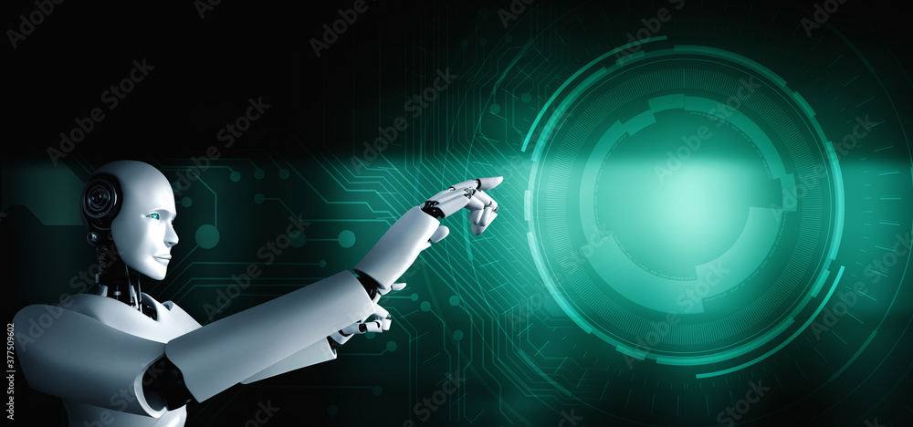 Aufkleber ai humanoid robot touching finger at copy space in concept of artificial intelligence thinking by ma