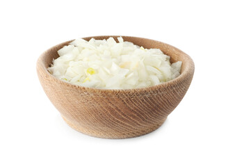 Chopped onion in wooden bowl isolated on white