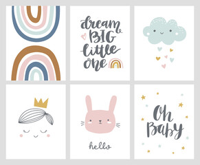 Nursery or kids posters in scandinavian style with hand drawn lettering. Cute hand drawn illustration for baby shower invitation, greeting card. Rainbow, cloud, bunny, prince, dream big little one.