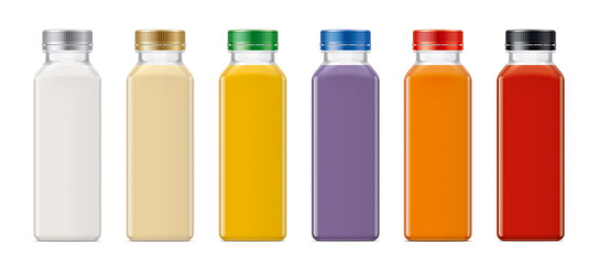 Set of Plastic Bottles with non-transparent drinks. 