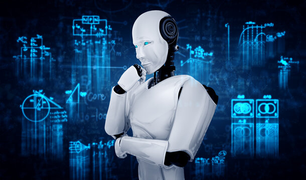 Thinking AI humanoid robot analyzing screen of mathematics formula and science equation by using artificial intelligence and machine learning process for the 4th industrial revolution. 3D illustration