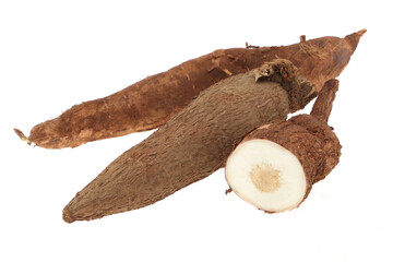 Fresh Tapioca roots or Cassava roots isolated on a white background