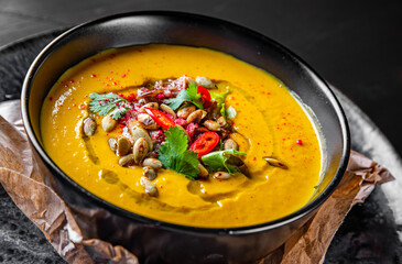 Pumpkin soup in black plate on black wooden table background