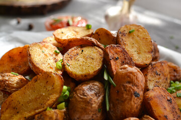 rustic potatoes. Baked potatoes with green onions and herbs on a plate with parchment. Gray background. Close-up. light from the window.