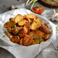rustic potatoes. Baked potatoes with green onions and herbs on a plate with parchment. Gray background. Close-up. light from the window.