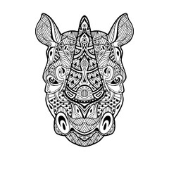 Rhinoceros head in detailed style. Zentangle Rhino. Vector pattern for tribal design. Geometric Ethnic motif with rhombus, triangles. Graphic style. Rhino for print, web, textile, wrapping paper.