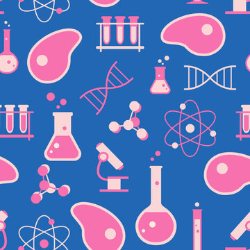 Cultured Meat Science Seamless Pattern. Repetitive Vector Illustration Of Lab Grown Meat Science Concept. Concept Of Cultured Meal, Lab Grown Meat, Synthetic Meat, Science, Laboratory.