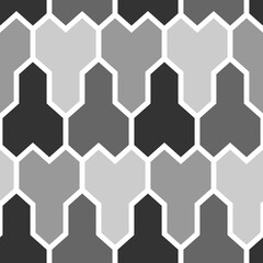 Interlocking three pronged blocks. Repeated color puzzle patches on white background.. Seamless surface pattern design with mosaic ornament. Pavement motif. Flooring wallpaper. Digital paper. Vector