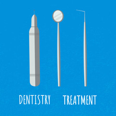 Dentistry. Tooth caries treatment. Dental instrument.Vector illustration on isolated blue background. Flat style for
dental clinics, banner, network, logo