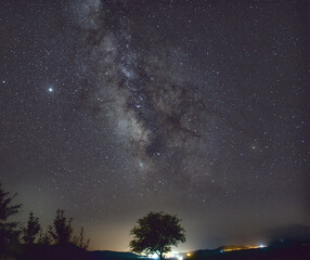 Milky way photo, tree silhouette and city lights behind