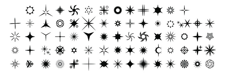 Set Black Collection Star Icons Sparkles Vector Symbols Shine Elements Design Style
