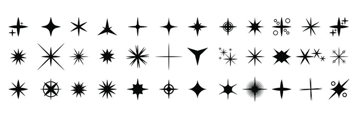 Set Black Collection Star Icons Sparkles Vector Symbols Shine Elements Design Style