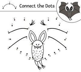 Vector Halloween dot-to-dot and color activity with cute bat. Autumn holiday connect the dots game. Funny coloring page for kids with scary animal. .