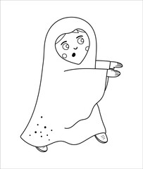 Boy dressed like a ghost. Cute vector black and white Halloween kid character. Child in scary monster costume. Funny autumn all saints eve illustration. Samhain dress party coloring page. .