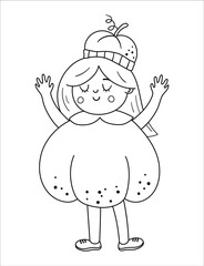 Girl dressed like a pumpkin. Cute black and white vector Halloween kid character. Child in jack-o-lantern costume. Funny autumn all saints eve illustration. Samhain dress party coloring page. .