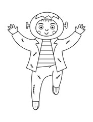 Boy dressed like monster. Cute black and white vector Halloween kid character. Child in scary costume. Funny autumn all saints eve illustration. Samhain dress party coloring page. .