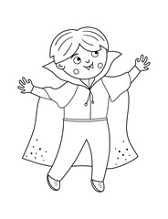 Boy dressed like a vampire. Cute black and white vector Halloween kid character. Child in scary Dracula costume. Funny autumn all saints eve illustration. Samhain dress party coloring page. .