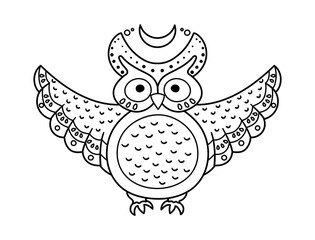 Cute vector owl with spread wings and half moon. Halloween black and white icon. Funny autumn all saints eve illustration with flying animal. Samhain party coloring page for kids. .