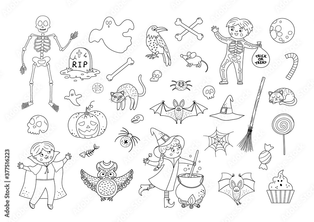 Wall mural big set of vector black and white halloween elements. traditional samhain party clipart. scary colle