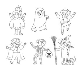 Fototapeta na wymiar Set of cute vector black and white Halloween characters. Children in scary costumes collection. Funny autumn all saints eve illustration with vampire, ghost, pumpkin, witch. Samhain dress party design