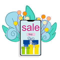 The phone screen with discounts and gifts is isolated on a white background. Vector illustration in a flat style. Call to buy holiday gifts at a discount.