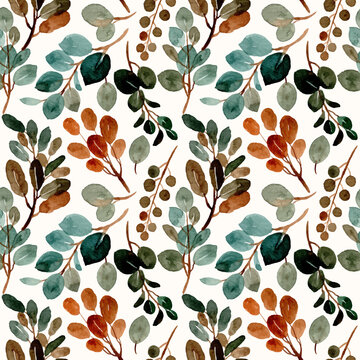 Green leaves seamless pattern with watercolor