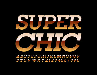 Vector Super Chic Gold Alphabet. Modern elegant Font. Elite shiny Letters and Numbers set