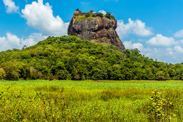 The close-up view of the rock fortress of Sigiriya in Sri Lanka