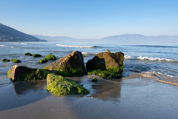 Sandy beach on sunny day with stones.