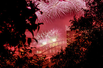 New Years Eve Fireworks on the Sydney Harbour Bridge viewed through some trees at Balls Head Reserve, Sydney.