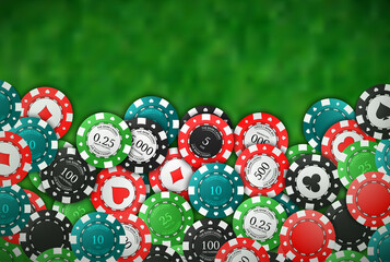 Poker casino chips border background formed for casino chips on a green felt. Vector illustration.