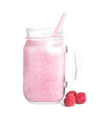 Tasty raspberry milk shake in mason jar and fresh berries isolated on white