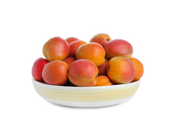 Delicious ripe apricots in plate isolated on white
