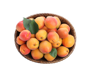 Delicious ripe apricots in wicker bowl isolated on white, top view