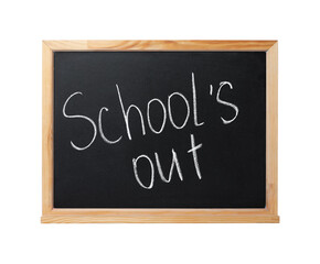 Obraz premium Blackboard with words School's Out and pictures isolated on white. Summer holidays