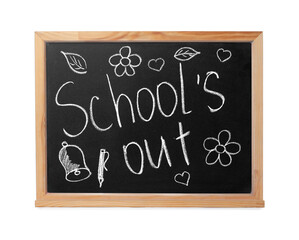 Obraz premium Blackboard with words School's Out and pictures isolated on white. Summer holidays