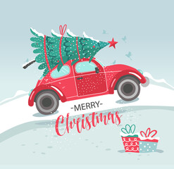 Vector picture with red car and Christmas tree. Christmas picture. Red pickup. New year illustration delivery service.