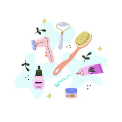 Hand drawn vector illustration set of skin care products and massagers isolated on white background. Composition of cream tube, serum, facial roller, massage brush