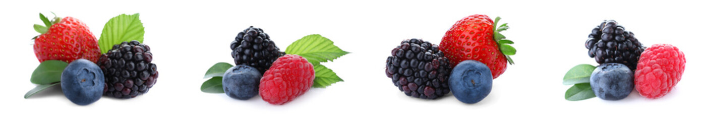 Set of different mixed berries on white background, banner design