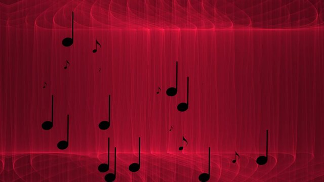 Musical theme, red flowing transparent curves, red smoke with black random appearing musical notes, video background in fullHD resolution