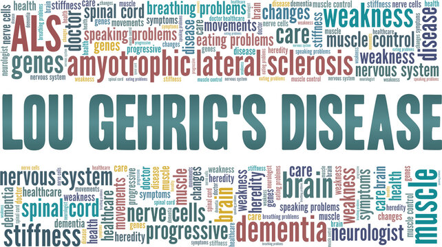 Amyotrophic Lateral Sclerosis - ALS - Lou Gehrig's Disease Vector Illustration Word Cloud Isolated On A White Background.