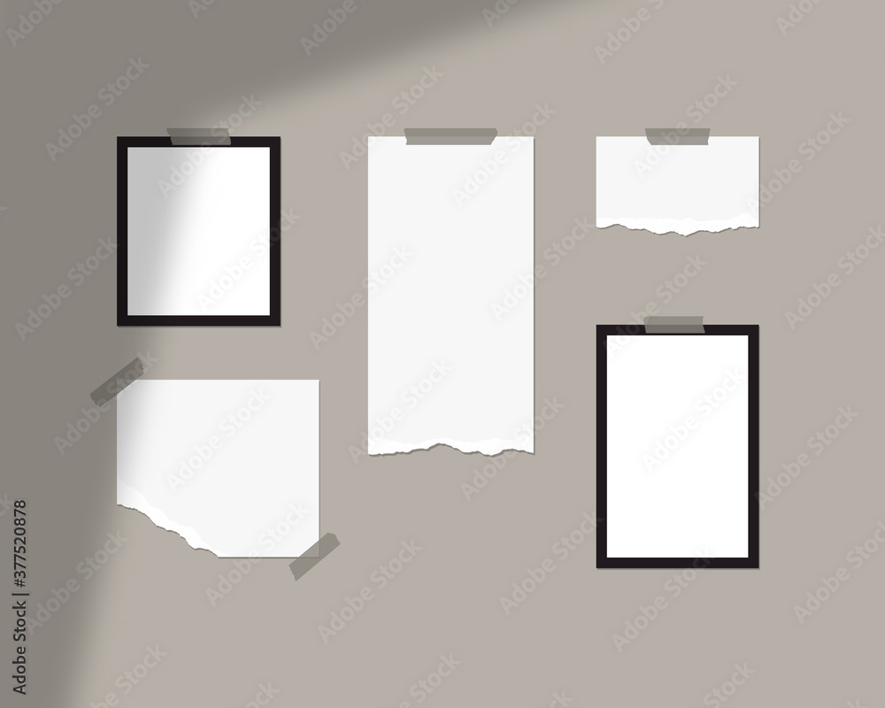 Poster mood board mockup template. empty sheets of white paper on the wall with shadow overlay. mockup vect