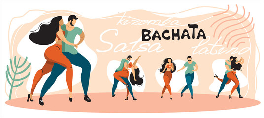 set of vector pictures with dancers. people dance bachata, latin dances. sexy couple dancing sensually. - obrazy, fototapety, plakaty