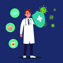 Doctor team or medical health care professionals fighting with coronavirus pandemic or coronavirus disease 2019 COVID-19. Informing people about self protective measures, treatment and prevention.